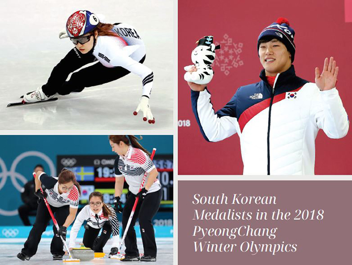 (Desde arriba a la izquierda, en sentido antihorario) 1. Choi Min-jeong (Patinaje de velocidad sobre pista corta). Choi recibió con dos medallas al ganar las competencias femeninas de 1,500m y relevo de 3,000m, a pesar de ser descalificada en la competencia de 500m. 2. Curling en categoría femenina. El equipo de cinco miembros compuesto por Kim Eun-jung, Kim Kyeong-ae, Kim Seon-yeong, Kim Yeong-mi, y Kim Cho-hi recibió atención internacional debido a su asombroso desempeño. El denominado 